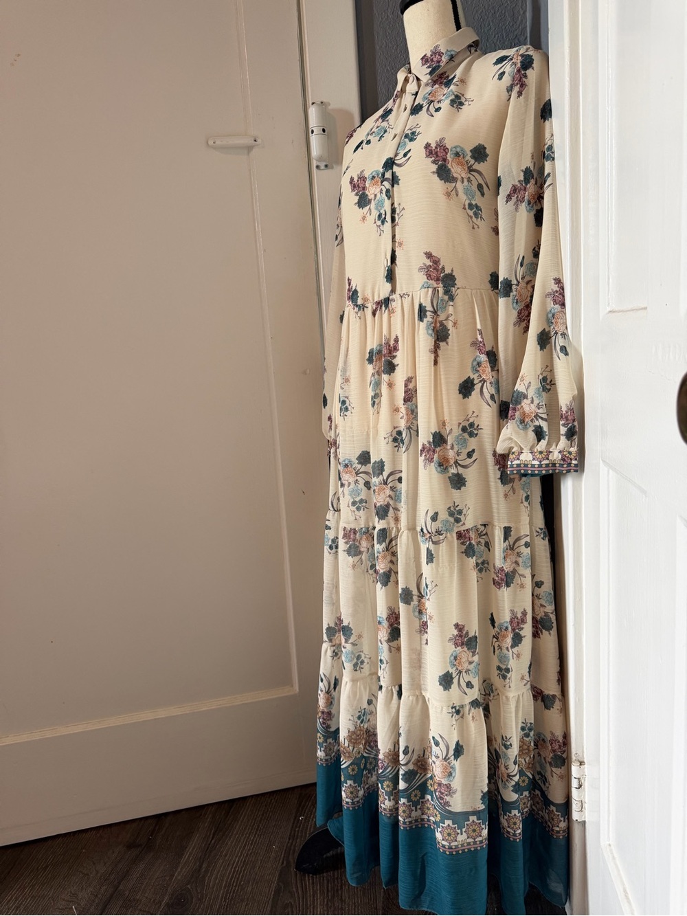 Cream Floral Maxi Dress with Teal Border